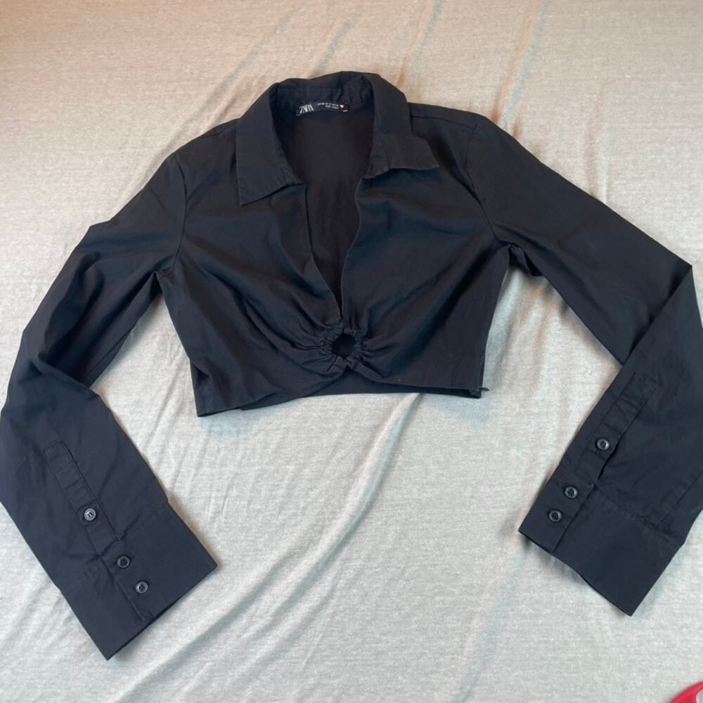 Zara Blouse XS Black Long Sleeve Cropped Ring Detail Top Dressy Shirt